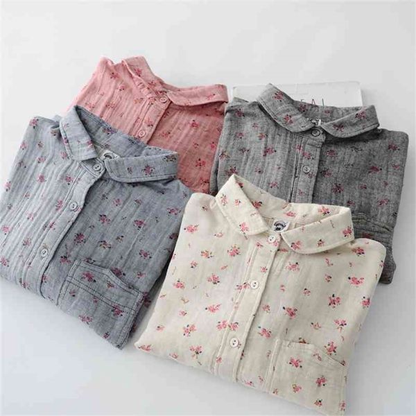 

lamtrip romantic floral print cotton yarn soft long sleeve rustic flowers shirt blouse female 210401, White