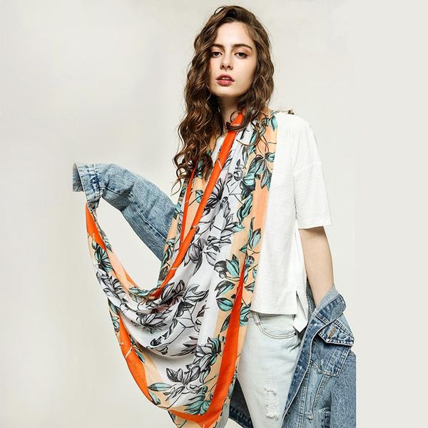 

hats, scarves & gloves sets 2021 fashion ladies color-edge leaf plus silver print thin long scarf four seasons cotton and linen silk, Blue;gray