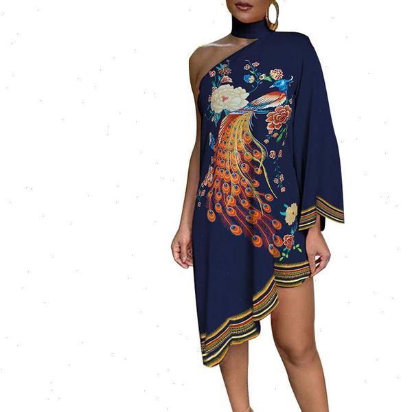 

plus size apparel fashion choker women dress peacock print one shoulder irregular ruffled hem, Black;gray