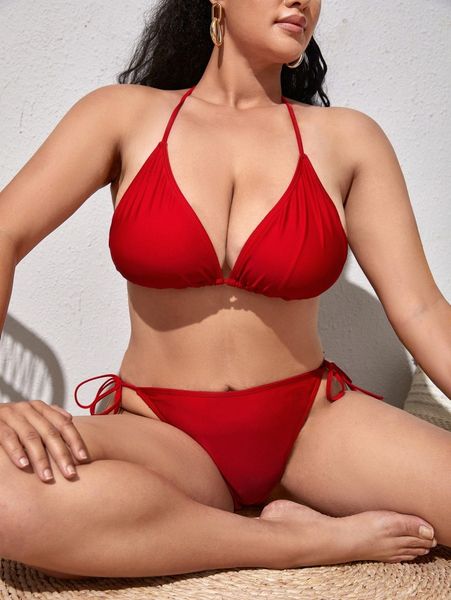 

plus halter tie side bikini swimsuit 66ko#, Black