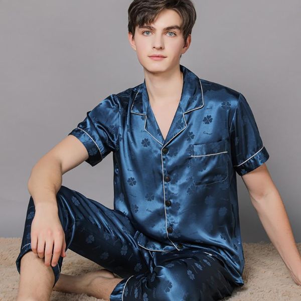 

men's sleepwear summer thin men pajama sets fashion print ice silk pajamas plus size casual pijama+long pants pyjama, Black;brown