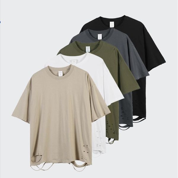 

men's t-shirts high street frayed hole loose large size pure cotton short sleeve t-shirt men and women oversize o neck summr tees, White;black