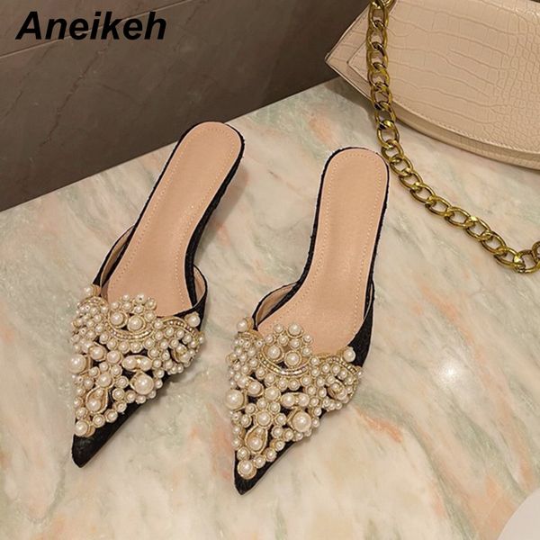 

aneikeh spring/autumn fashion women shoes elegant string bead crystal patchwork slip-on 35-42 thin heels slipper 2022 220224, Black