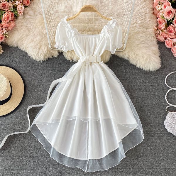 

black/white irregular dress women summer square collar short sleeve high waist a-line club party vestidos female 2021 new, Black;gray