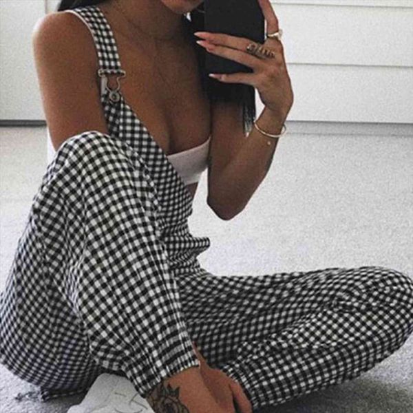 

sleeveless dungarees womens jumpsuit loose plaid long playsuit pants trousers jumpsuits for, Black;white