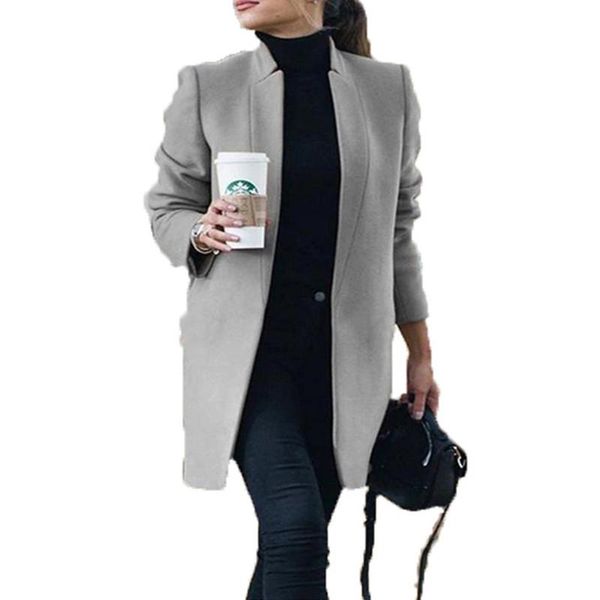 

women's wool & blends autumn winter coat solid color slim tailored collar jacket female long overcoat trench, Black