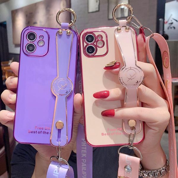 

cell phone pouches for 12 11 pro max x xs xr se 2021 6 6s 7 8 plus luxury crossbody electroplate wrist strap lanyard holder case
