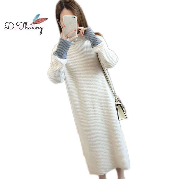 

casual dresses winter d women 2021 medium long high collar over knee female sweater dress loose knitted pullover ladies cw620, Black;gray