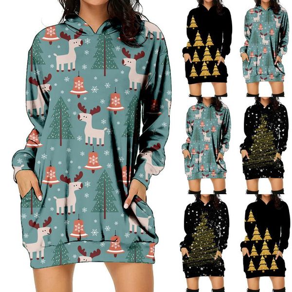 

casual dresses xmas women atumn 2021 christmas pullover pocket hooded for long sleeve merry printing dress, Black;gray