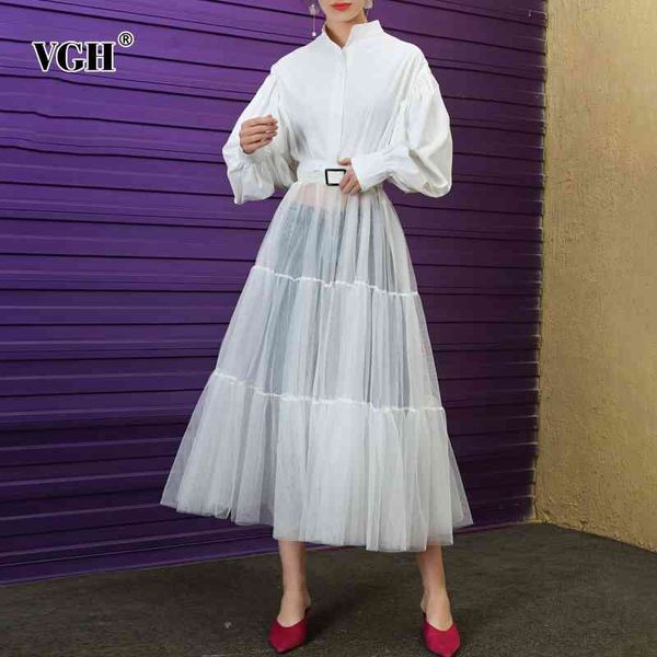

vgh mesh elegant dress for women stand collar long sleeve high waist sashes midi spring dresses female fashion new clothing 210421, Black;gray