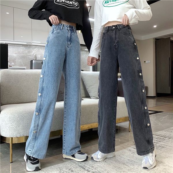 

jeans ytx308 thin-waist design side-breasted long-legged brim pants, Blue