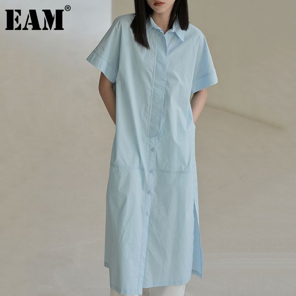 

[eam] women blue casual long big size shirt dress lapel short sleeve loose fit fashion spring summer 1dd8766 21512, Black;gray