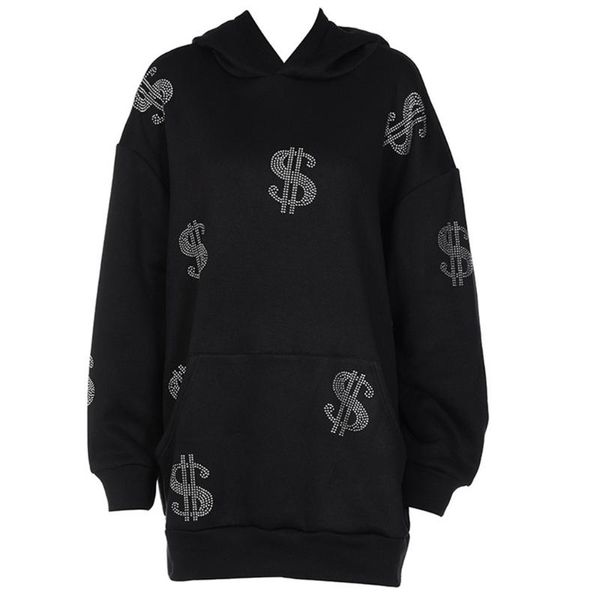 

women's hoodies & sweatshirts women gothic punk long sleeve harajuku rhinestone dollar pattern sweatshirt dress oversized loose tunic, Black