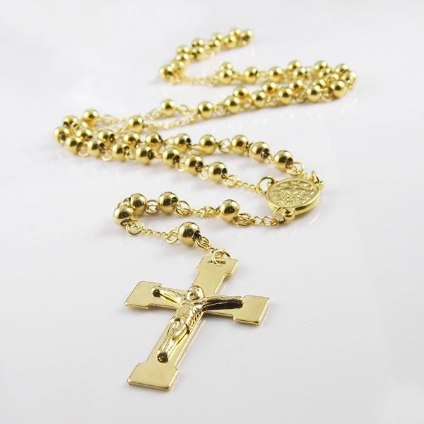 

pendant necklaces fashion men women jesus cross necklace charms gold stainless steel ball chain rosary beads jewelry, Silver