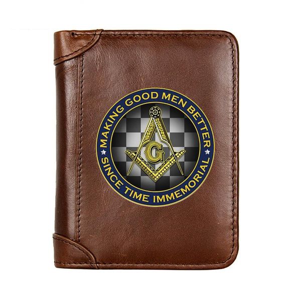 

wallets genuine leather masonic design short wallet male multifunctional cowhide men purse coin pocket po card holder, Red;black