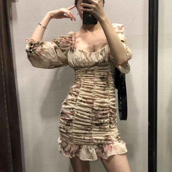 

casual dresses female floral fashion frilly print draped mini-dress vintage lantern back zipper women's dresses cdmh, Black;gray