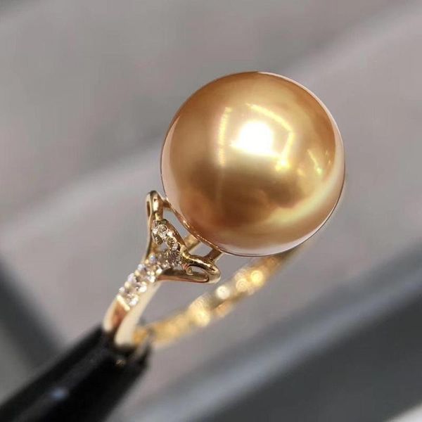 

cluster rings d611 pearl ring fine jewelry solid 18k gold round 11-12mm zircons nature sea water golden pearls for women presents, Golden;silver