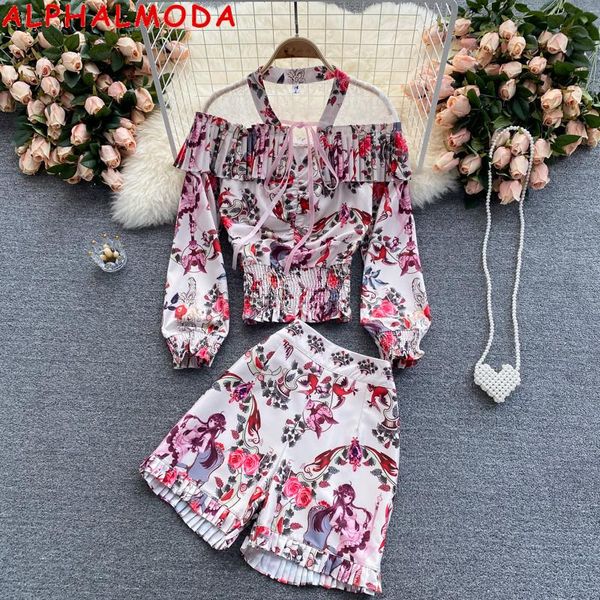 

women's tracksuits alphalmoda 2021 long-sleeved transparent gauze patchwork off-shoulder shirt + high waist shorts women 2pcs suit, Gray