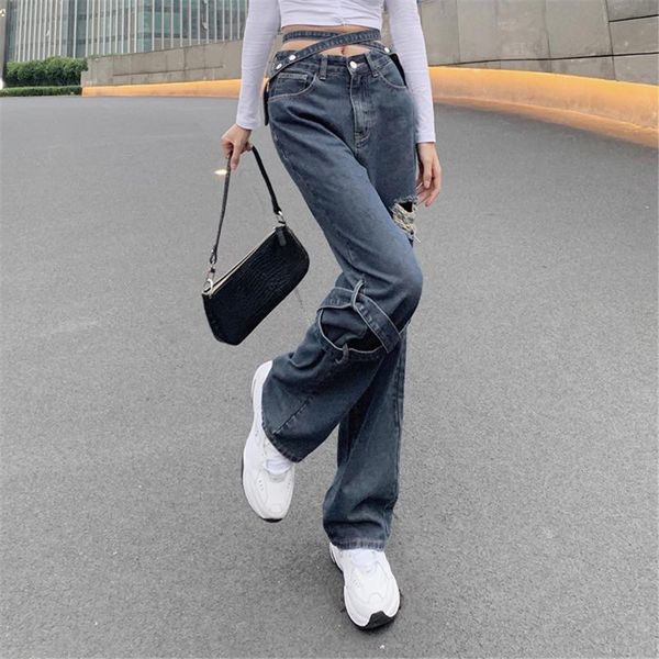

cross bandage straight jeans women's ripped baggy vintage high waist boyfriends mom denim distressed streetwear, Blue