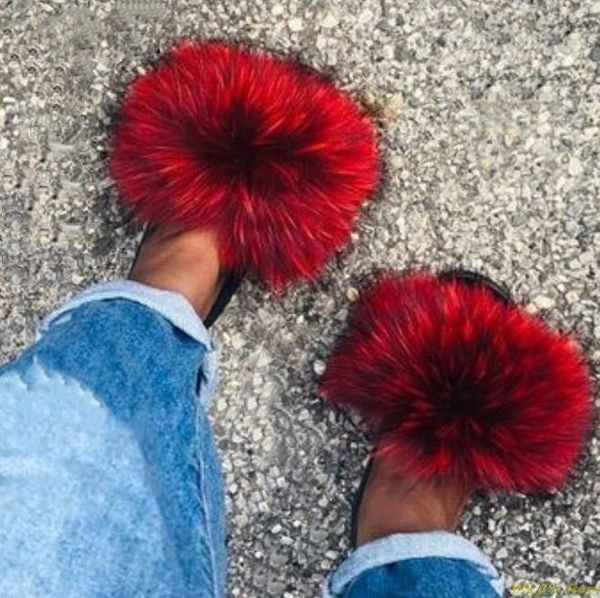 

fur slippers women real slides home furry flat sandals female cute fluffy house shoes woman 2021, Black