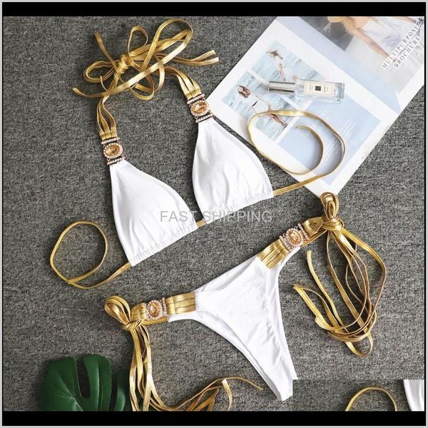 

women's swimwear apparel bandage tassel swimsuit women bikinis crystal diamond bikini set metal chain female luxury swimming k0aww, White;black