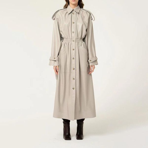 

women's trench coats autumn winter pu 2021 fall turn-down collar single breasted spliced long sleeve windbreaker coat for women donsign, Tan;black