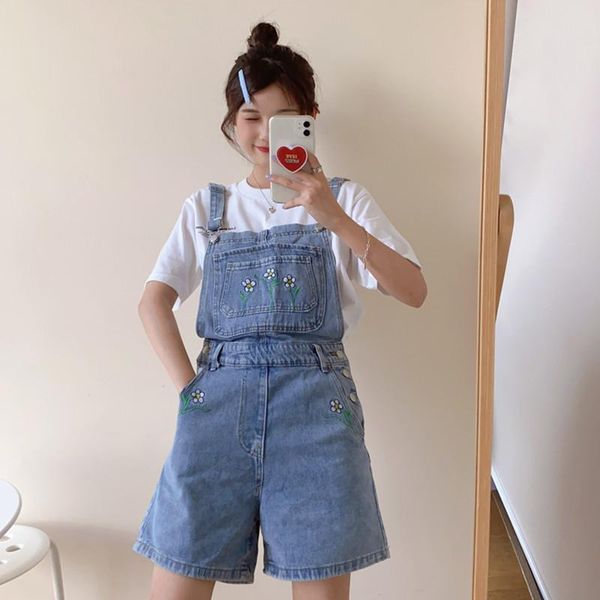 

women's jumpsuits & rompers summer korean preppy style jumpsuit denim overalls casual girls floral straight jeans shorts womens (f8010), Black;white