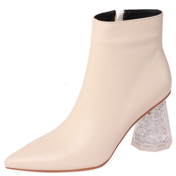 

boot genuine pointed at crystal transparent toe high-heeled wine naked weird style short stiletto boots kz9i, Black