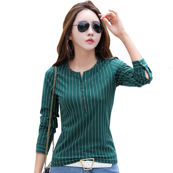 

women's t-shirt winter and autumn cotton green striped long sleeve shirt v neck button women plus size shirts cs366, White
