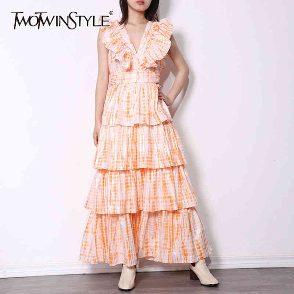 

vintage print patchwork ruffle maxi dress for women v neck sleeveless high waist casual dresses female fashion 210428, Black;gray