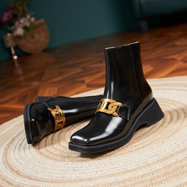 

boots 2021 winter ankle women's shoes patent leather real british style punk motorcycle bottes femme, Black