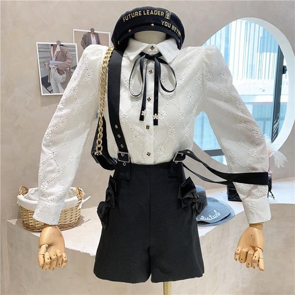 

women's tracksuits niche design clothing 2021 autumn winter bow long sleeve shirt + high waist strap shorts pants two piece set, Gray