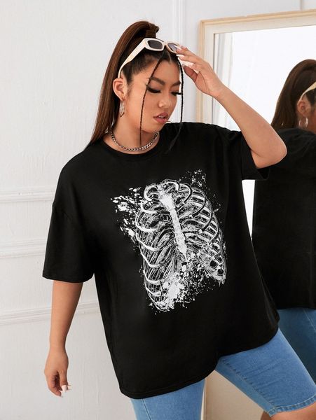 

plus skeleton print drop shoulder tee e9sh#, Black