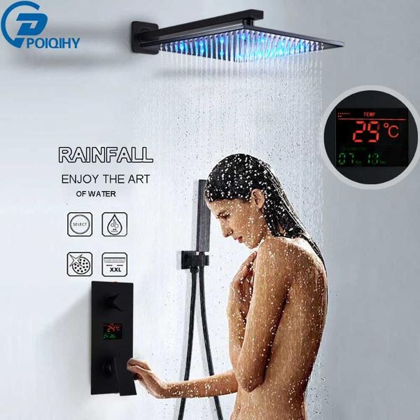 

led 3 color bathroom shower faucet wall/ceiling mounted black mixer tap digital temperature display set sets