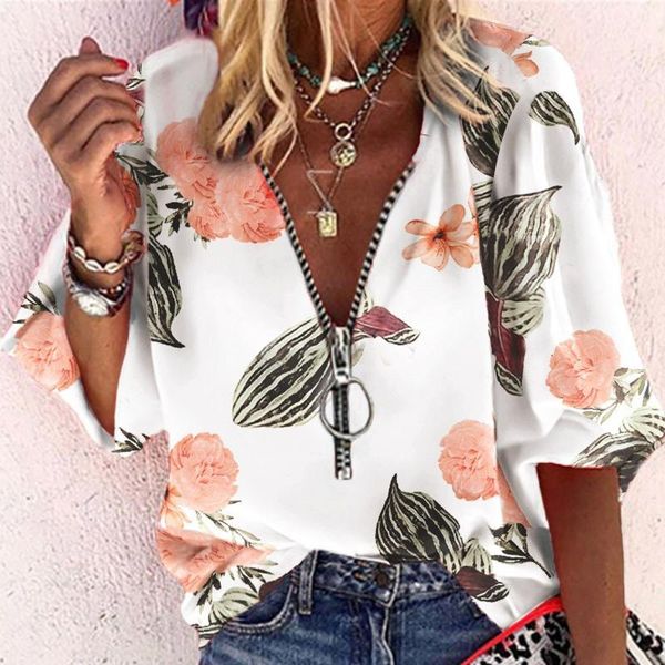 

women's blouses & shirts 40# blouse 2021 casual zipper vintage floral print loose tee harajuku plus size half sleeve women roupas, White