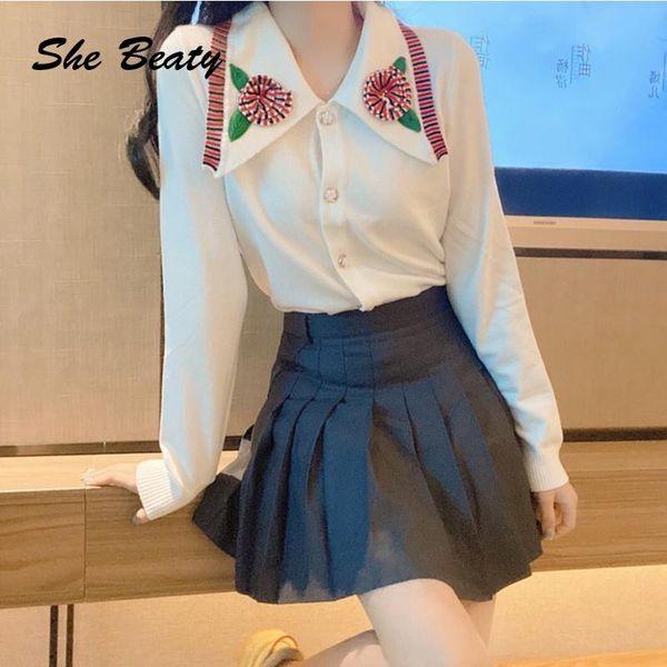 

women's sweaters she beaty sweater cardigans women 2021 autumn winter single breasted bow flowear turn-down collar korean fashion stree, White;black