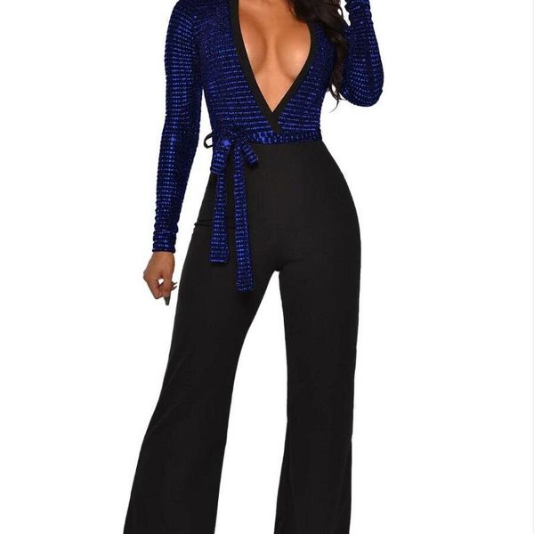 

women's jumpsuits & rompers women deep v-neck lace-up fashion shiny high street waist wide leg pants temperament, Black;white