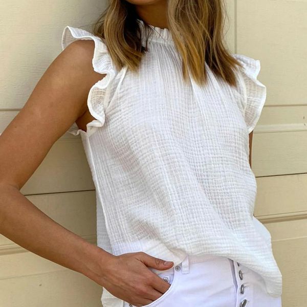 

women's vest fashion casual solid color moon print o-neck shirt t-shirt sleeveless ruffled 40* tanks & camis, White