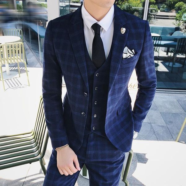 

men's suits & blazers autumn and winter slim-fit plaid suit, trendy gentleman's three-piece small suit jacket, White;black