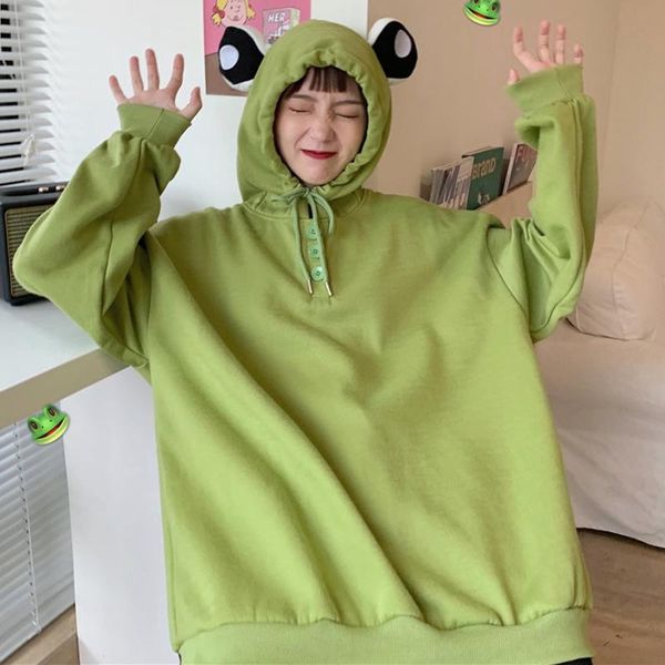 

women's hoodies & sweatshirts warm pullover hooded sweatshirt ladies winter cute japanese loose cartoon animal eyes green fashion autum, Black