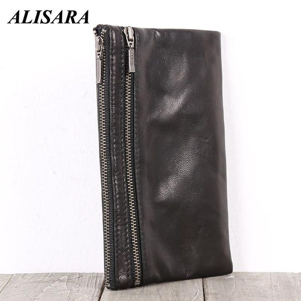 

wallets alisara genuine leather long men zipper clutch purses coin sheepskin slim phone case male, Red;black