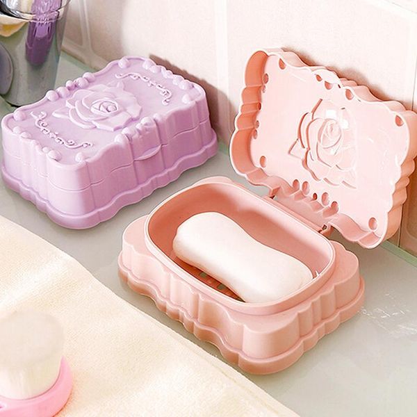 

soap dishes rose carved portable dish box case holder wash dust-proof shower home bathroom accessories set 3 color 2021 arrive