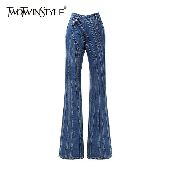 

twotwinstyle striped denim flare jeans for women high waist casual irregular pants female fashion clothing autumn 210708, Blue