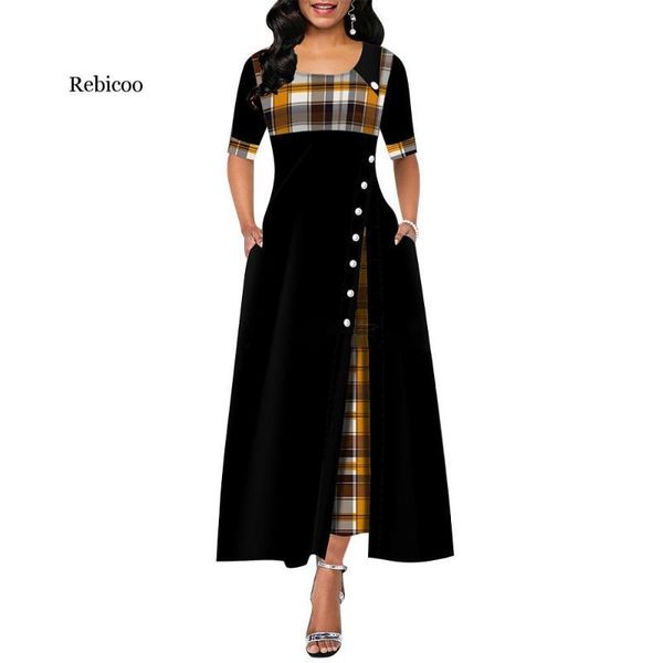 

party dresses elegant long women spring plaid print irregular vintage ladies button a-line new fashion j4pf, White;black