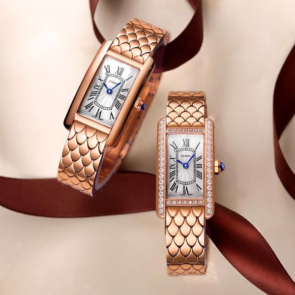 

wristwatches kinros beauty series kr3358 rosegold crystal watches for women rectangle steel quartz bracelet wristwatch waterproof ladies hou, Slivery;brown