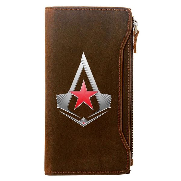 

cool assassin red star design genuine leather wallet men long purse wallets, Red;black