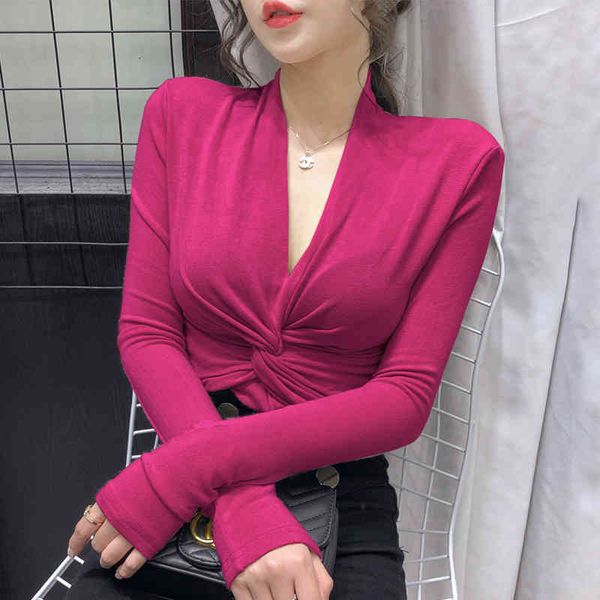 

women's t-shirt new spring v-neck cross kink cotton long-sleeved t-shirt bottoming female slim ns1881 oom8, White