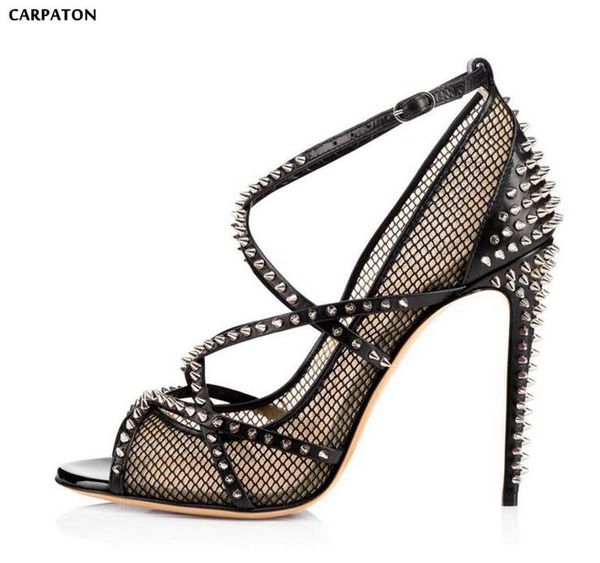 

carpaton 2021 western black fishing net high heels women sandals fashion rivets peep toe bare color cross-tied style