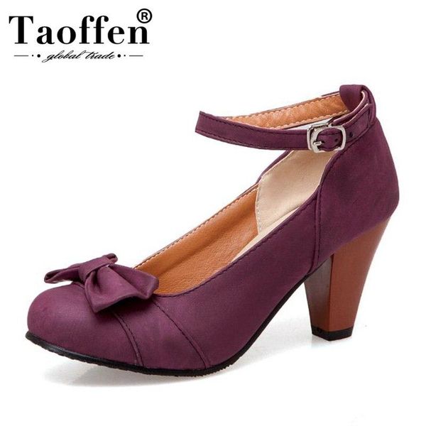 

taoffen women candy bowknot plus size 34-48 buckle pumps party wedding club round toe high heel shoes office ladies dress, Black