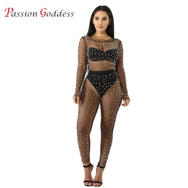 

summer women two piece set pearls mesh perspective hollow out and high waist long pants women's suit 2 tracksuits, Gray